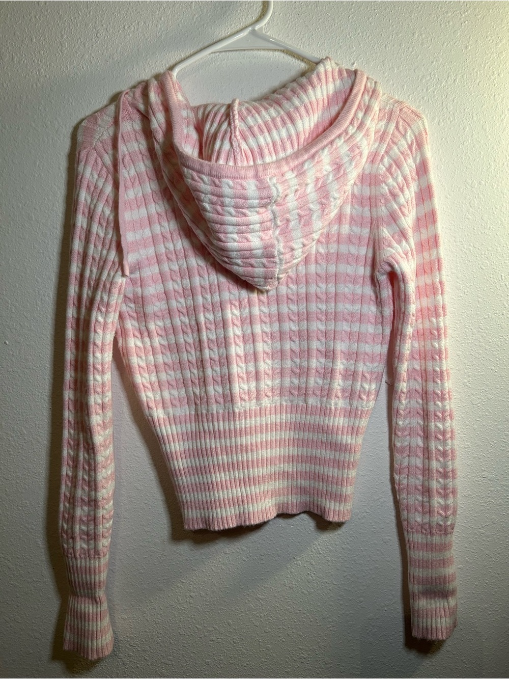 Forever 21 Pink and White Striped Ribbed Hooded Zip-Up Sweater - Picture 3 of 3